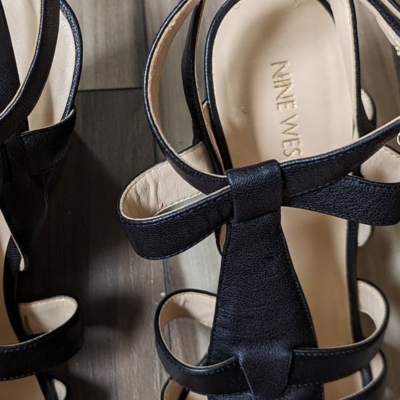 NINE WEST Women's Wedge Leather Sandals Gold Buckle Black Strap 4" Heel … - Picture 7 of 8